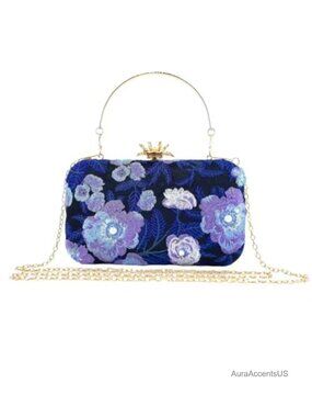 Vintage Floral Embroidered Clutch Satin Evening Bag with Chain Strap